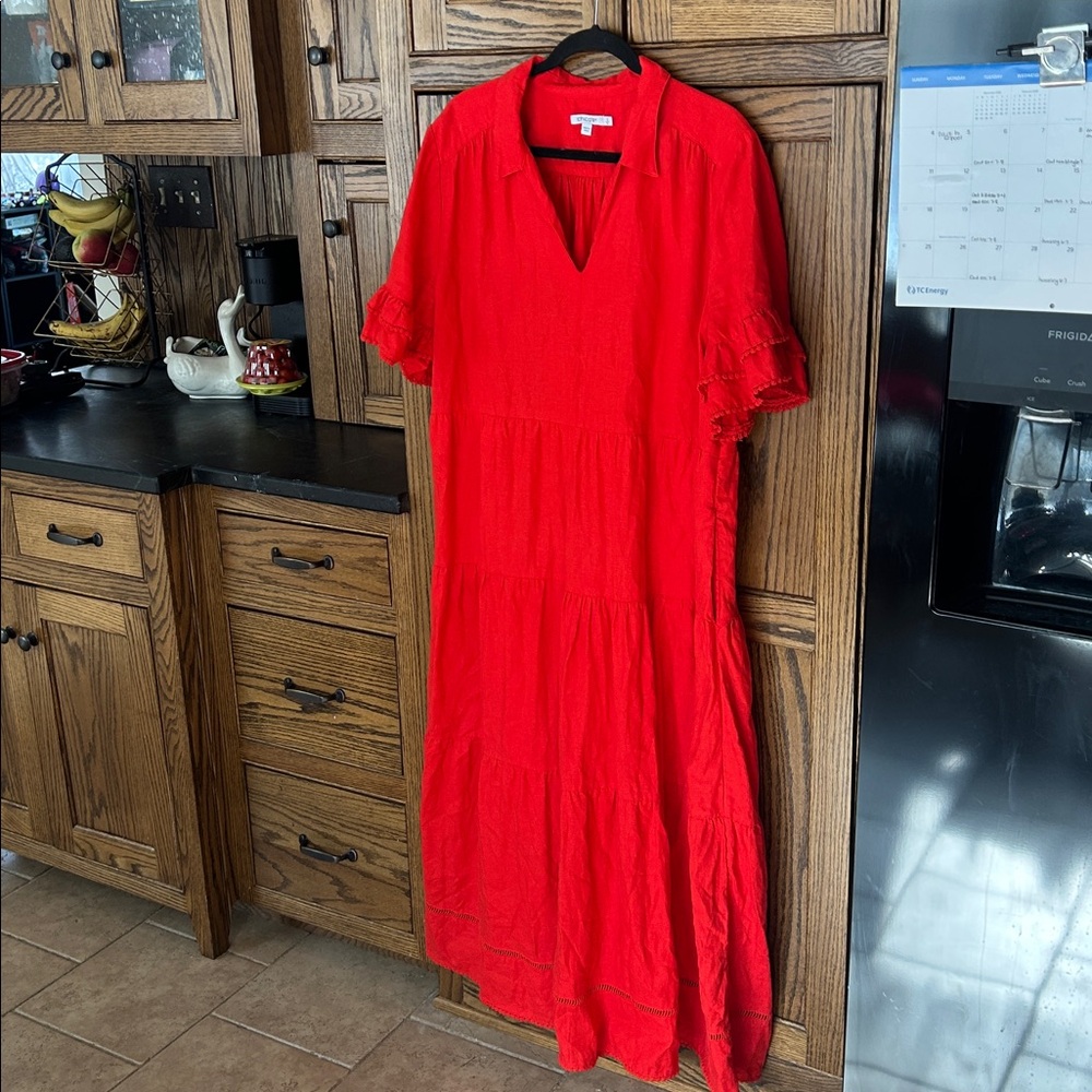 Chico's Red Tiered Maxi Dress with V-Neck Collar - Picture 3 of 9